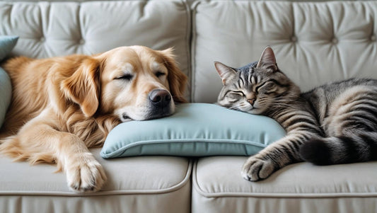 A dog and cat peacefully lying on the same couch, both relaxed. The cat has eyes closed, the dog is resting its chin on a cushion. Calm and wholesome vibe, pastel tones.