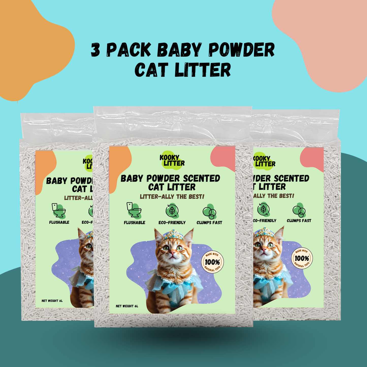 Kooky Baby Powder Scented Cat Litter 2.5kg Flushable Tofu Eco Friendly New Zealand Made